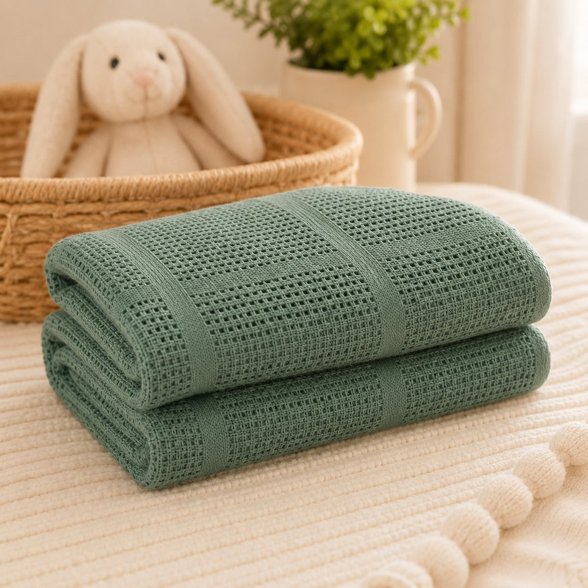 Sage green basketweave cotton cellular baby blanket folded