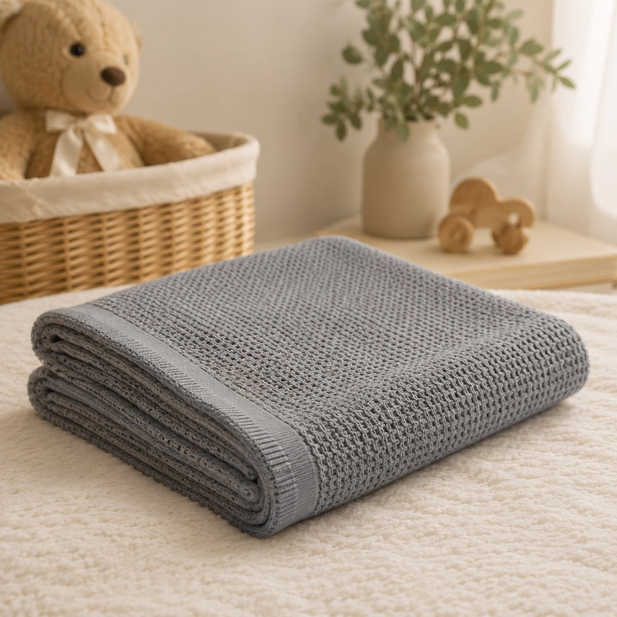 Grey 100% cotton waffle baby thermal blanket folded