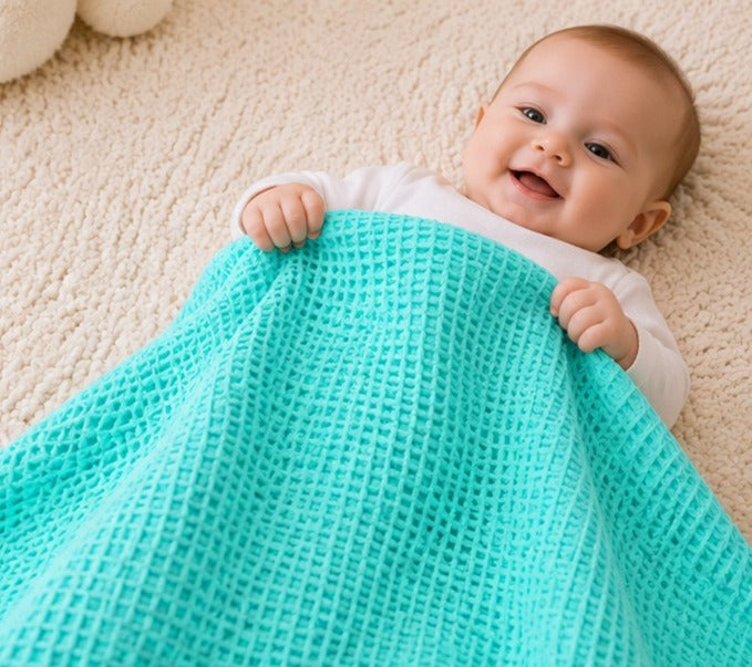 Baby holding a turquoise honeycomb waffle cotton blanket