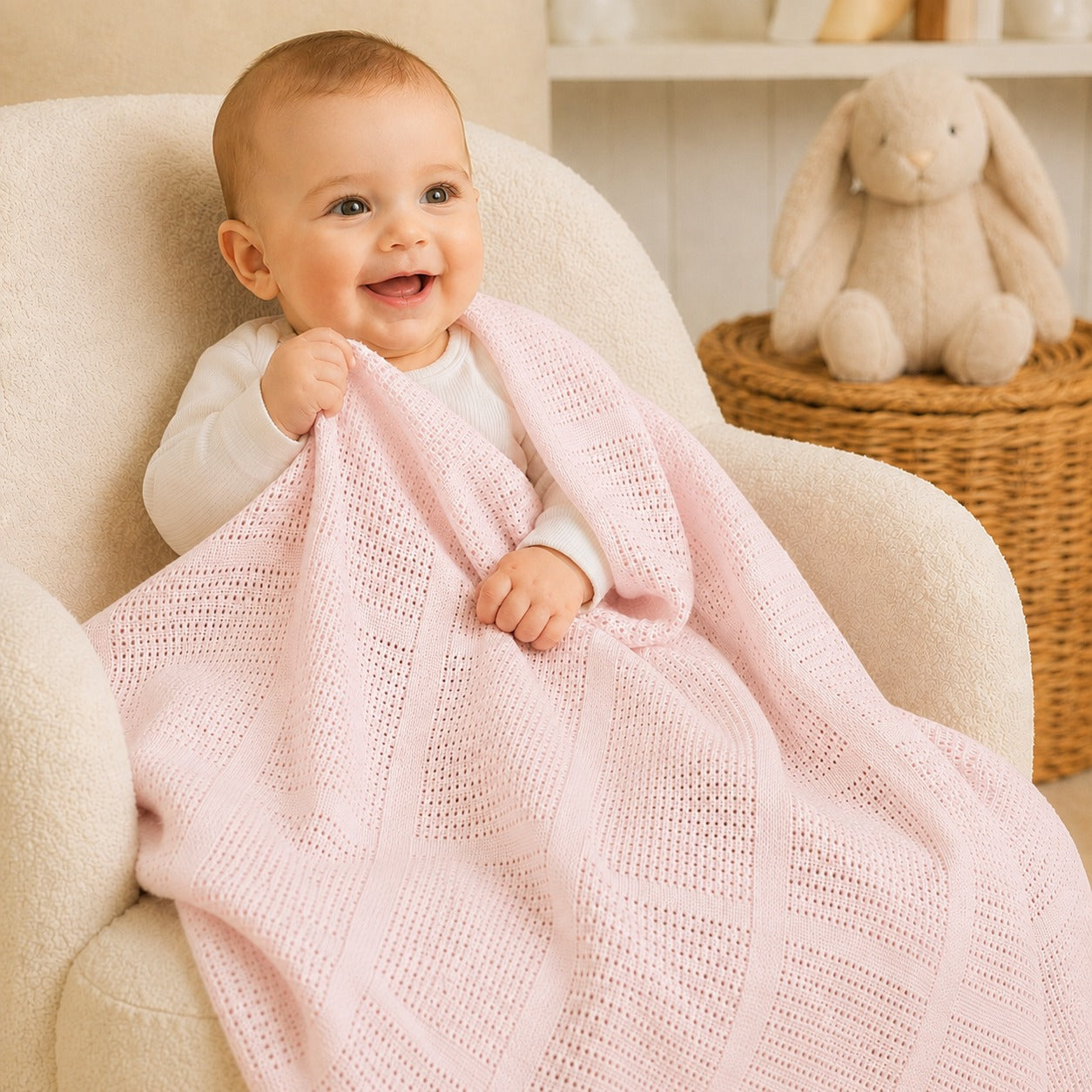 Baby wrapped in pink cellular cotton blanket