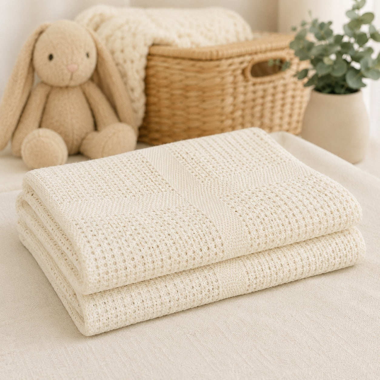 Ivory 100% cotton cellular baby blanket folded