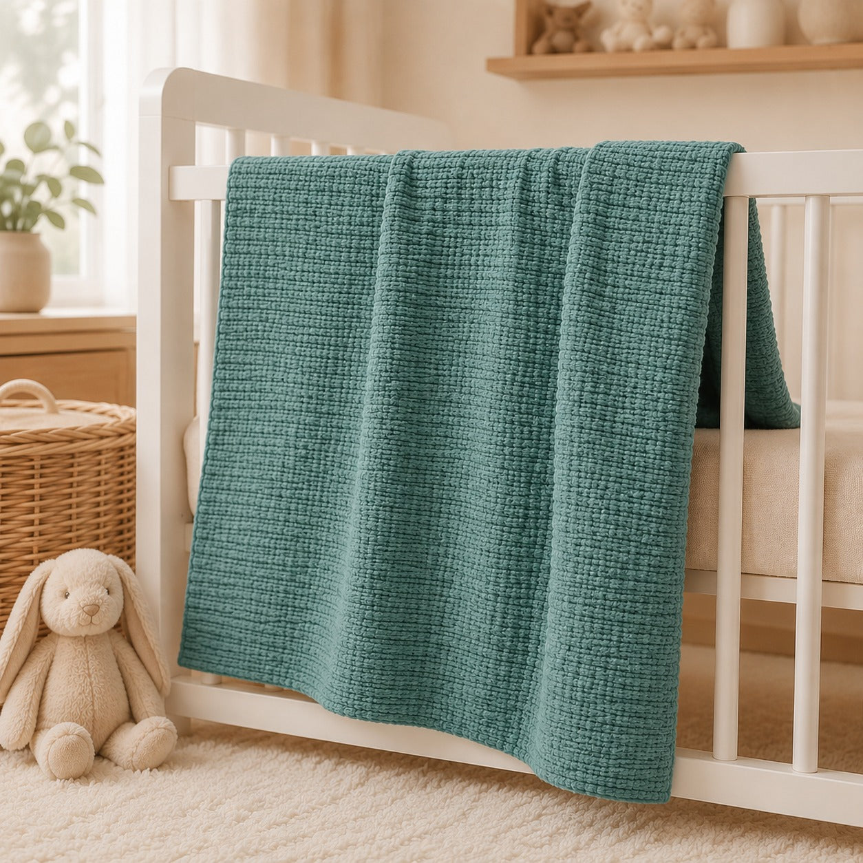 Teal waffle baby thermal blanket draped on a crib