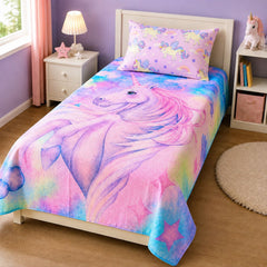 Large unicorn portrait kids bed sheet in a girls bedroom