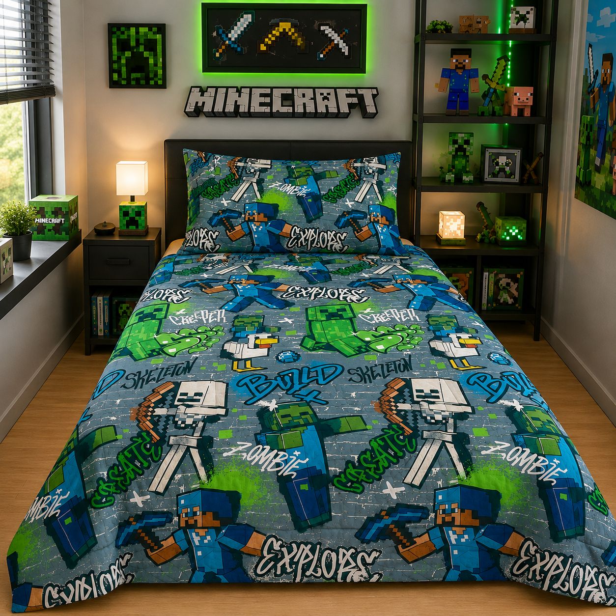 Pixel craft graffiti kids bed sheet on a single bed with matching pillow case