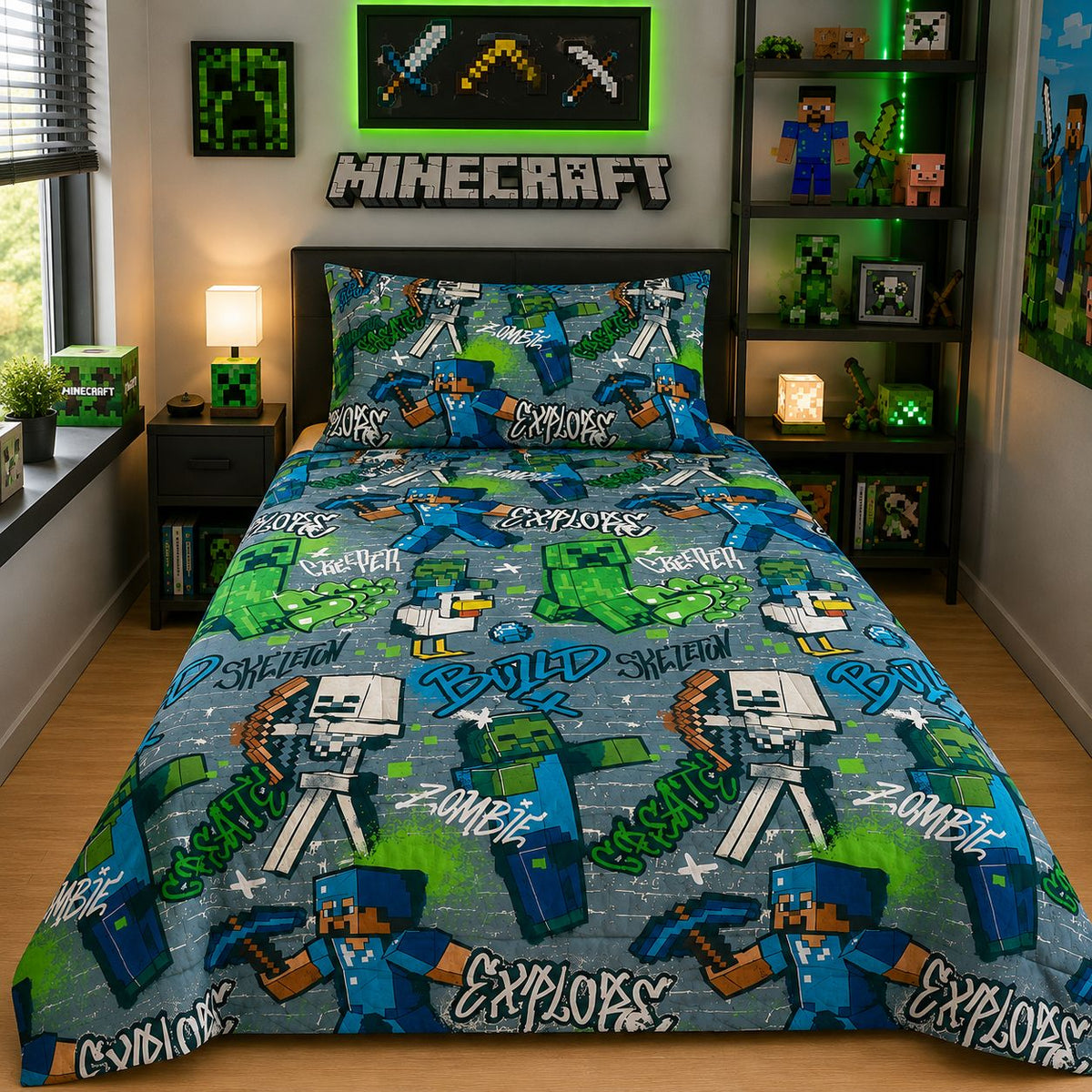 Pixel craft graffiti kids bed sheet on a single bed with matching pillow case