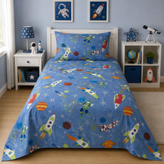 Space rocket kids bed sheet on a single bed with matching pillow case