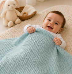 Baby wrapped in mint waffle cotton thermal blanket