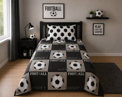 Football score check kids bed sheet on a single bed with matching pillow case
