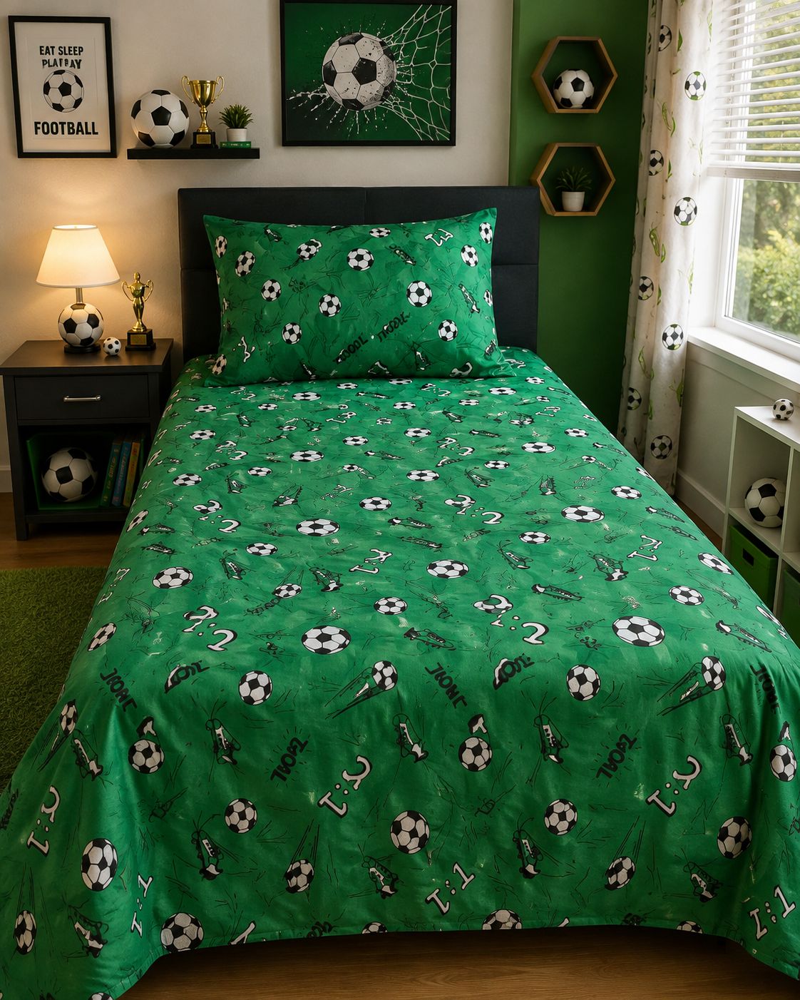 Green football kids bed sheet on a single bed with matching pillow case