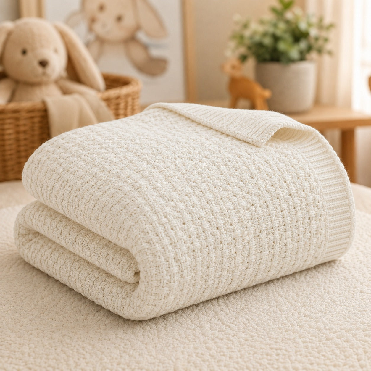 Ivory 100% cotton waffle baby thermal blanket folded