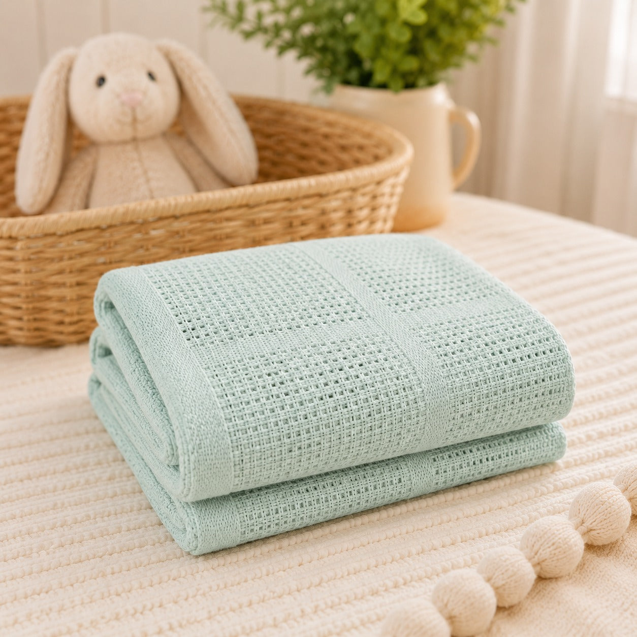 Mint 100% cotton basketweave cellular baby blanket folded