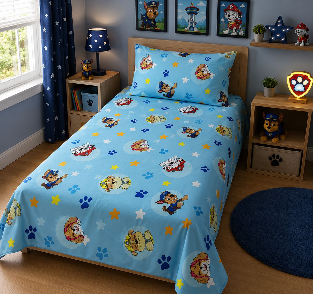 Rescue pups and stars kids bed sheet on a single bed with matching pillow case