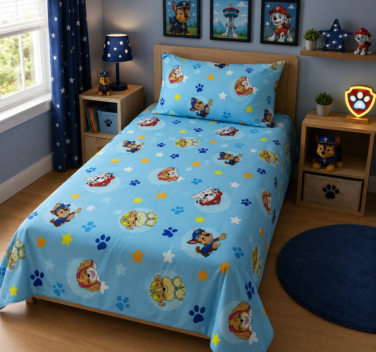 Rescue pups and stars kids bed sheet on a single bed with matching pillow case