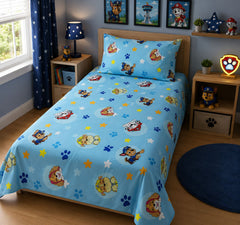 Rescue pups and stars kids bed sheet on a single bed with matching pillow case
