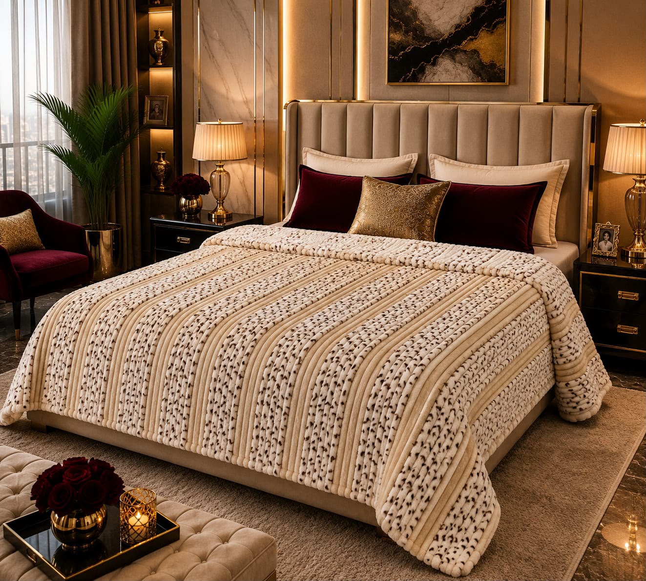 Luxury Ivory Fawn Stripe Fleece Blanket Double Bed
