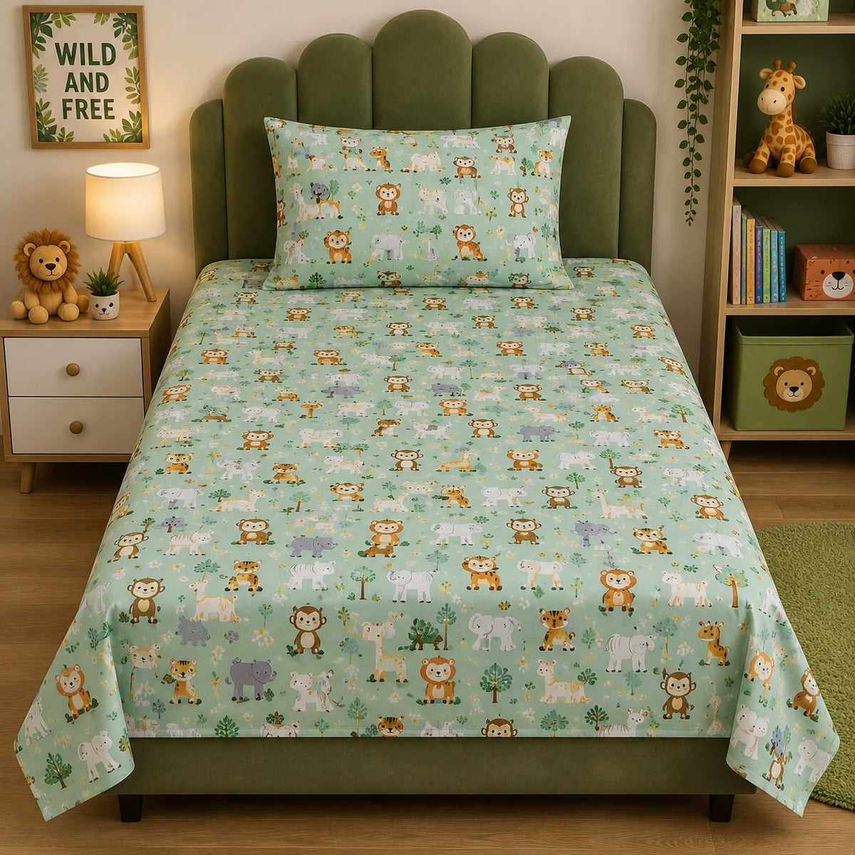 Jungle safari animals kids single bed sheet with pillow case by Haris Collection