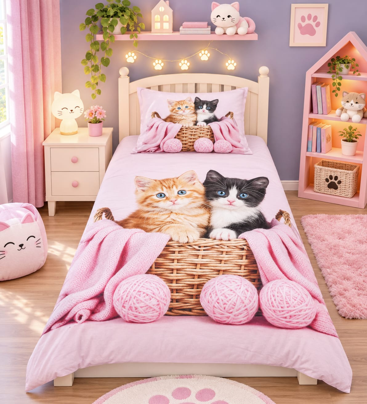 Kittens in Basket Kids Single Bed Sheet with Pillow Case