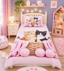 Kittens in Basket Kids Single Bed Sheet with Pillow Case