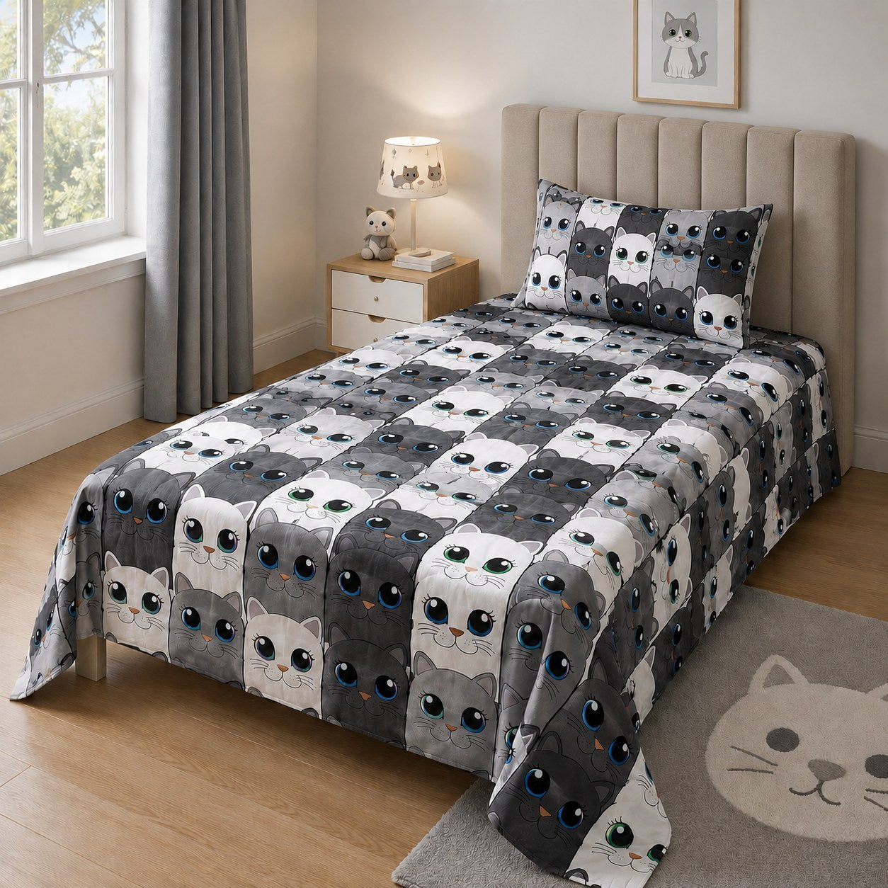 Grey cute cat faces kids single bedsheet 60x90 inches