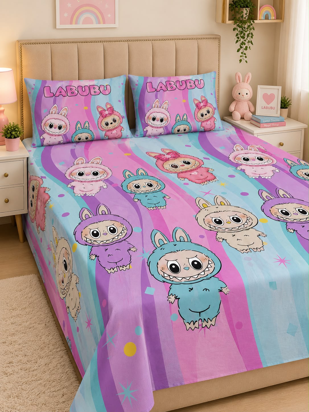 Labubu kids double bed sheet with 2 pillow cases by Haris Double