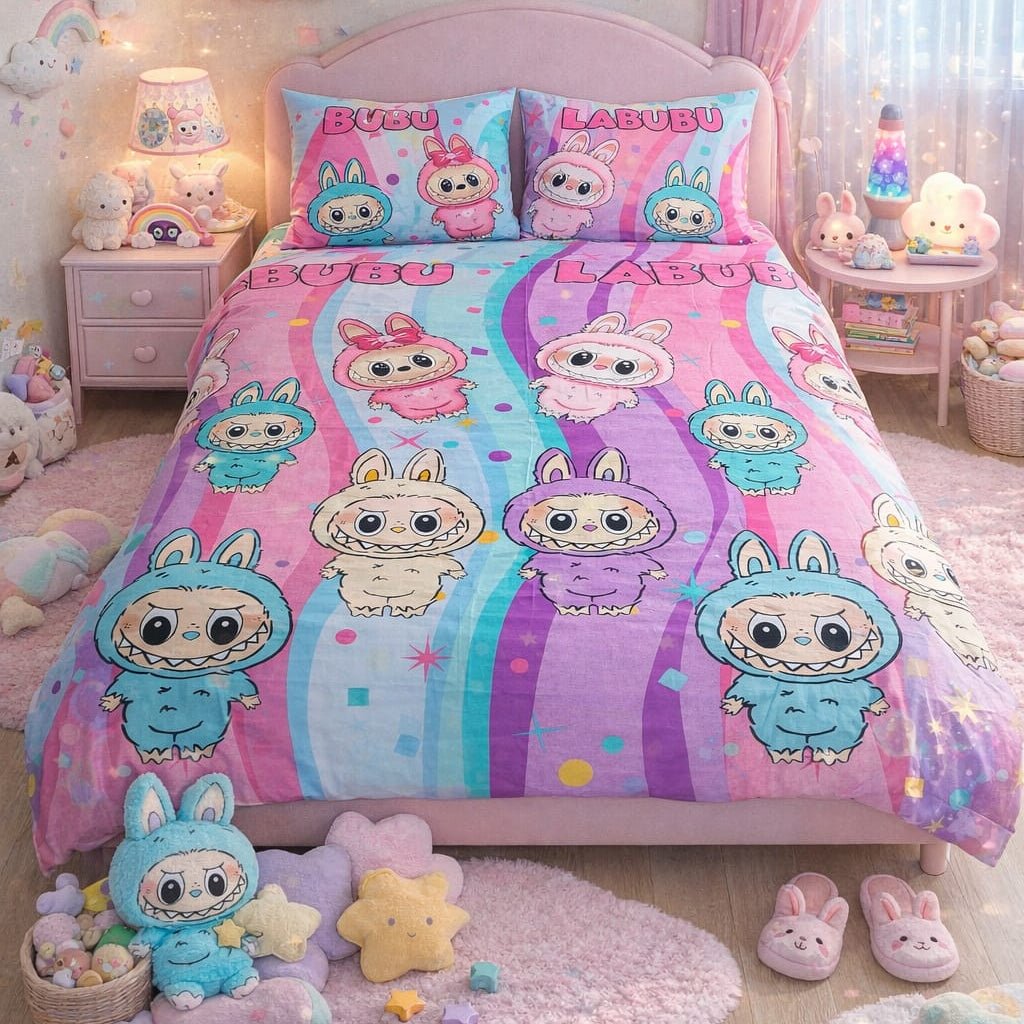 Labubu Kids Double Bed Sheet with 2 Pillow Cases - The Idea