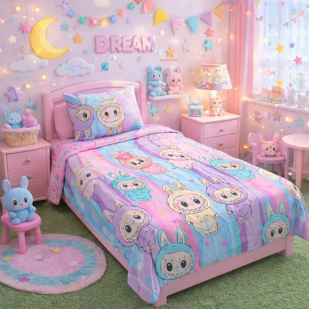 Labubu character print kids single bedsheet 60x90 inches