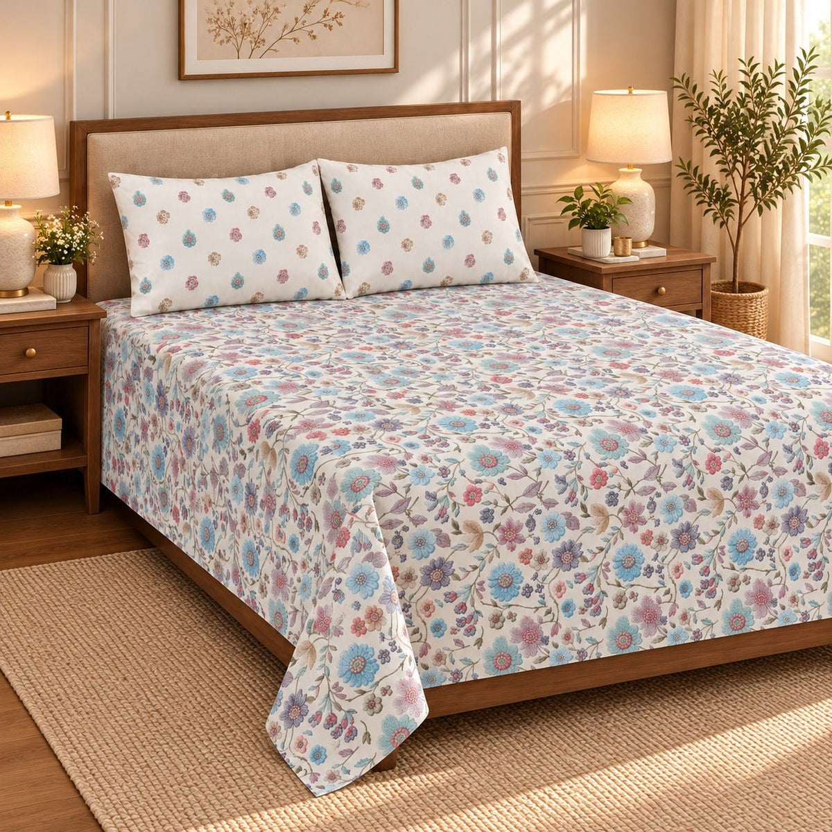 Lavender Magnolia Teal Printed Cotton Double Bed Sheet with 2 Pillow Cases - The Idea