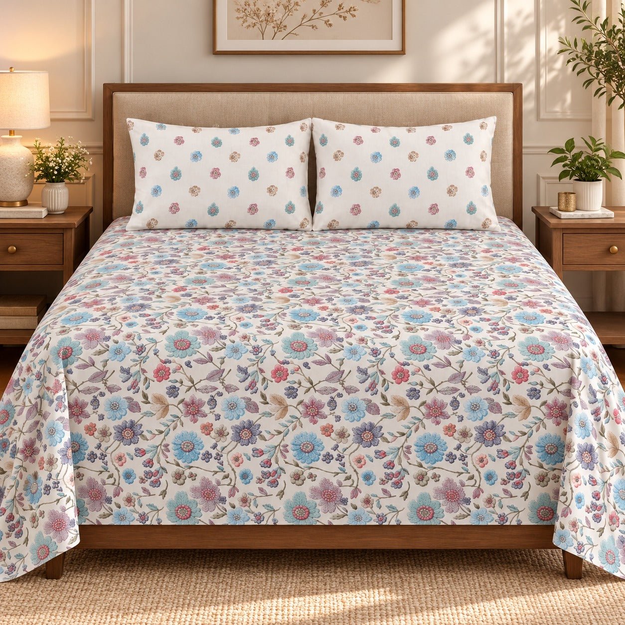 Lavender Magnolia Teal Printed Cotton Double Bed Sheet with 2 Pillow Cases - The Idea