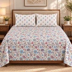 Lavender Magnolia Teal Printed Cotton Double Bed Sheet with 2 Pillow Cases - The Idea