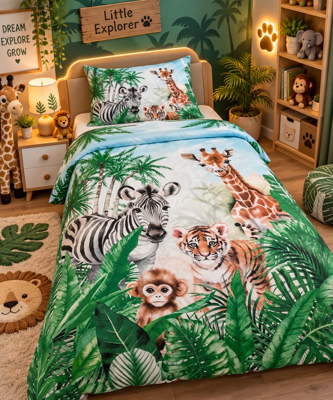Little Explorer Safari Animals Kids Single Bed Sheet with Pillow Case