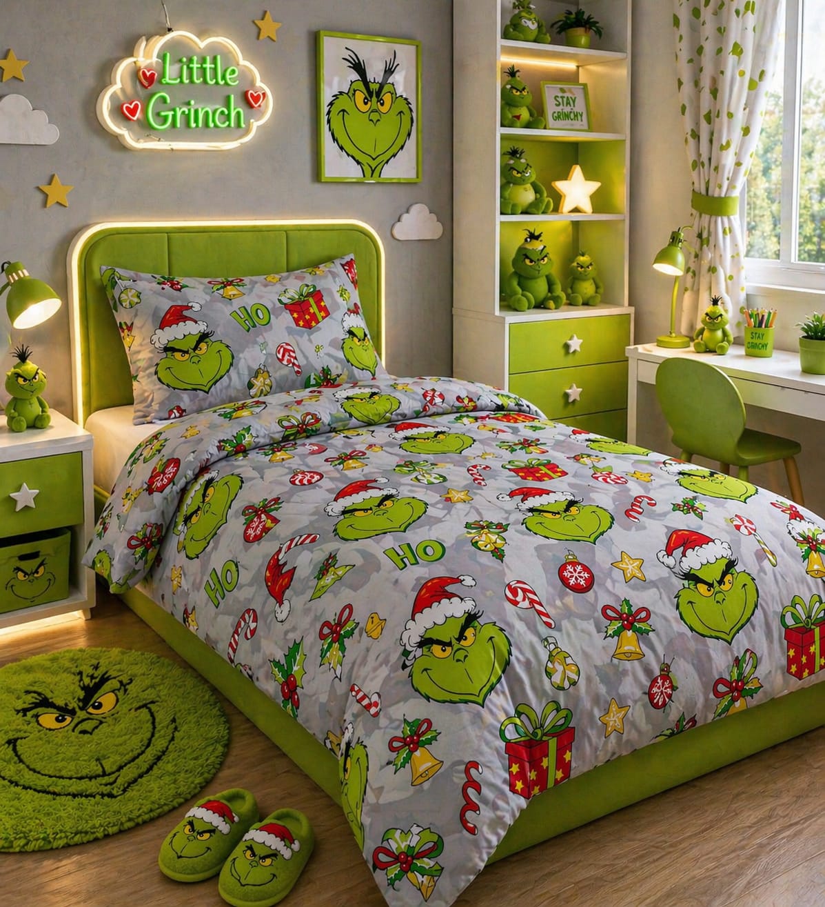 Little Grinch Christmas kids single bed sheet with matching pillow case