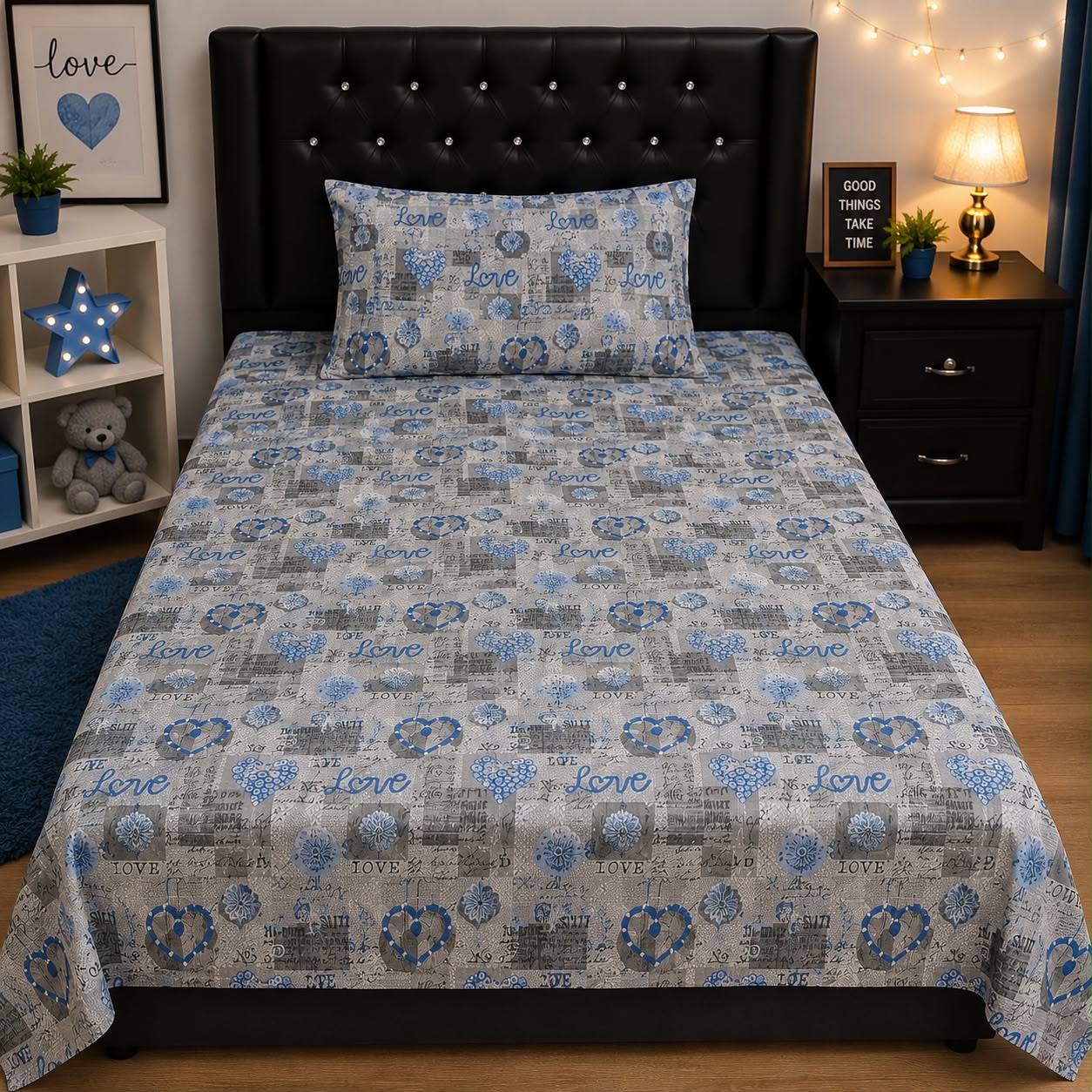 Love hearts single bed sheet with pillow case by Haris Collection