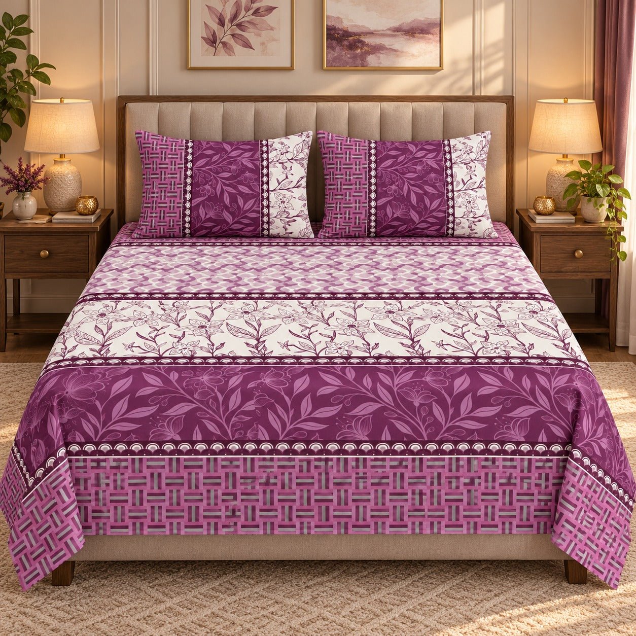 Magenta Trellis Border Printed Cotton Double Bed Sheet with 2 Pillow Cases - The Idea