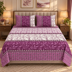 Magenta Trellis Border Printed Cotton Double Bed Sheet with 2 Pillow Cases - The Idea