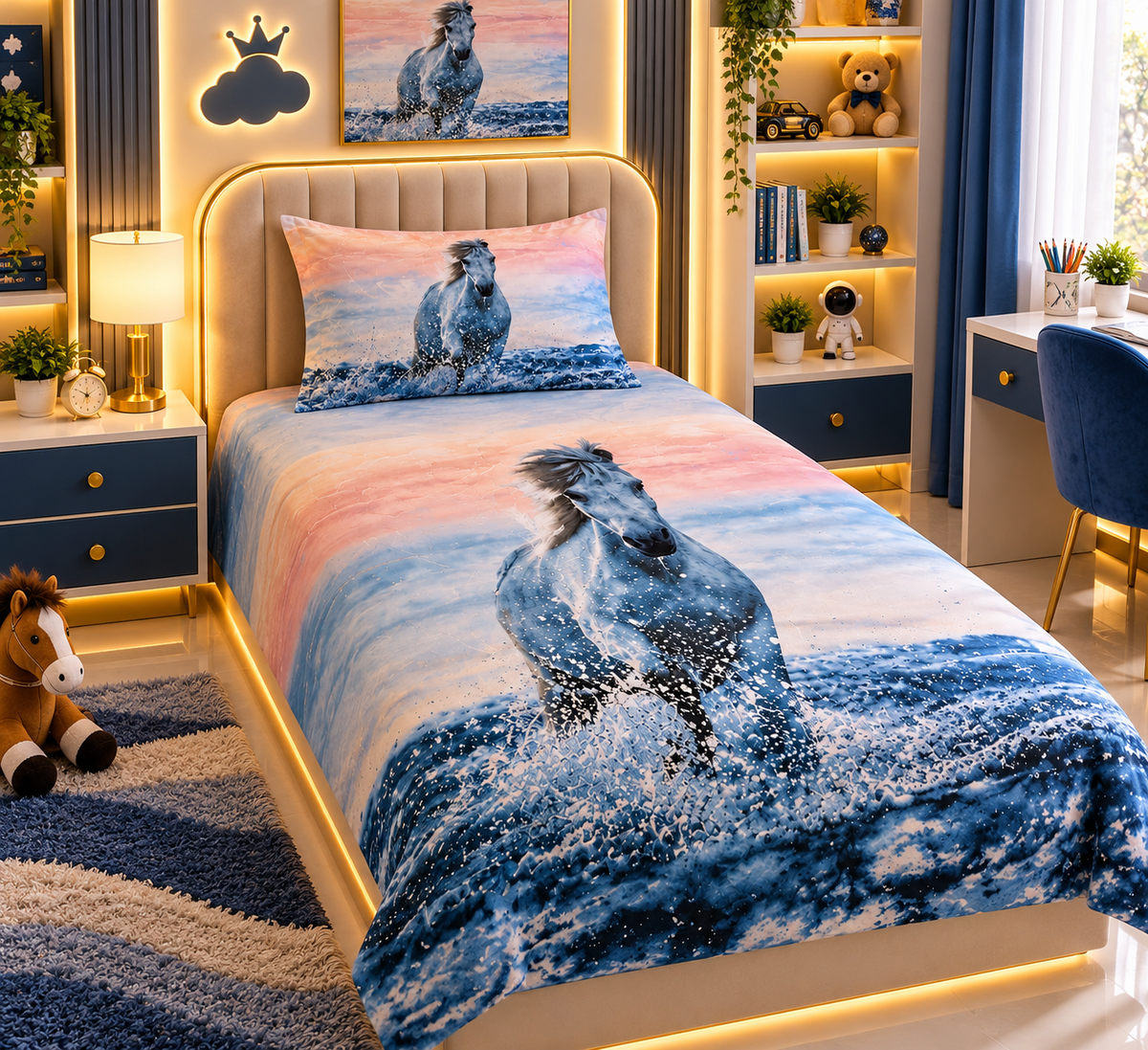 Majestic Horse Waves Kids Single Bed Sheet with Pillow Case - The Idea