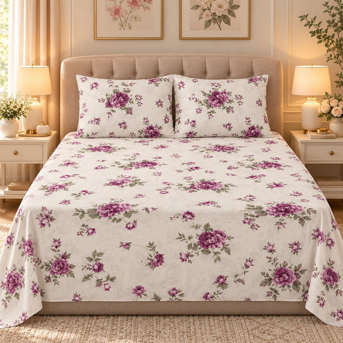 Mauve Rose Cream Printed Cotton Double Bed Sheet with 2 Pillow Cases - The Idea