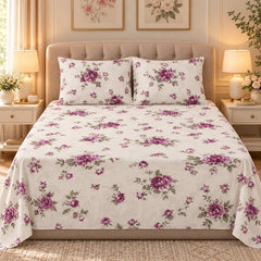 Mauve Rose Cream Printed Cotton Double Bed Sheet with 2 Pillow Cases - The Idea