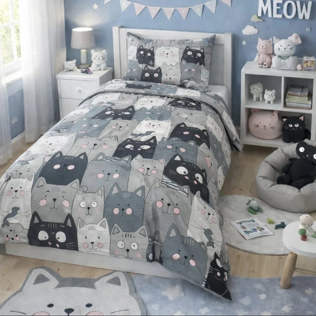 Grey cartoon cat faces kids single bedsheet 60x90 inches