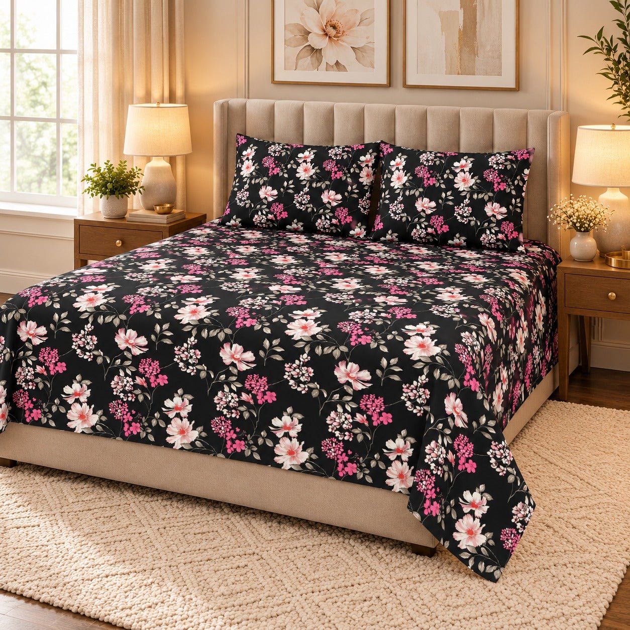 Midnight Floral Printed Cotton Double Bed Sheet with 2 Pillow Cases - The Idea