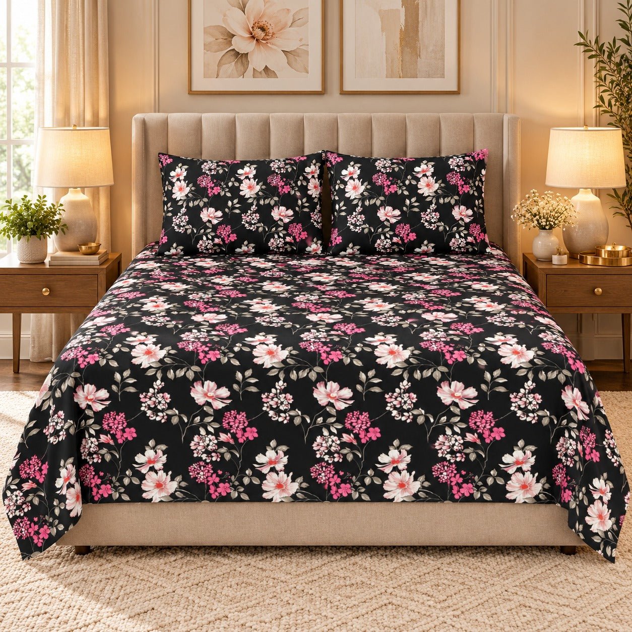 Midnight Floral Printed Cotton Double Bed Sheet with 2 Pillow Cases - The Idea