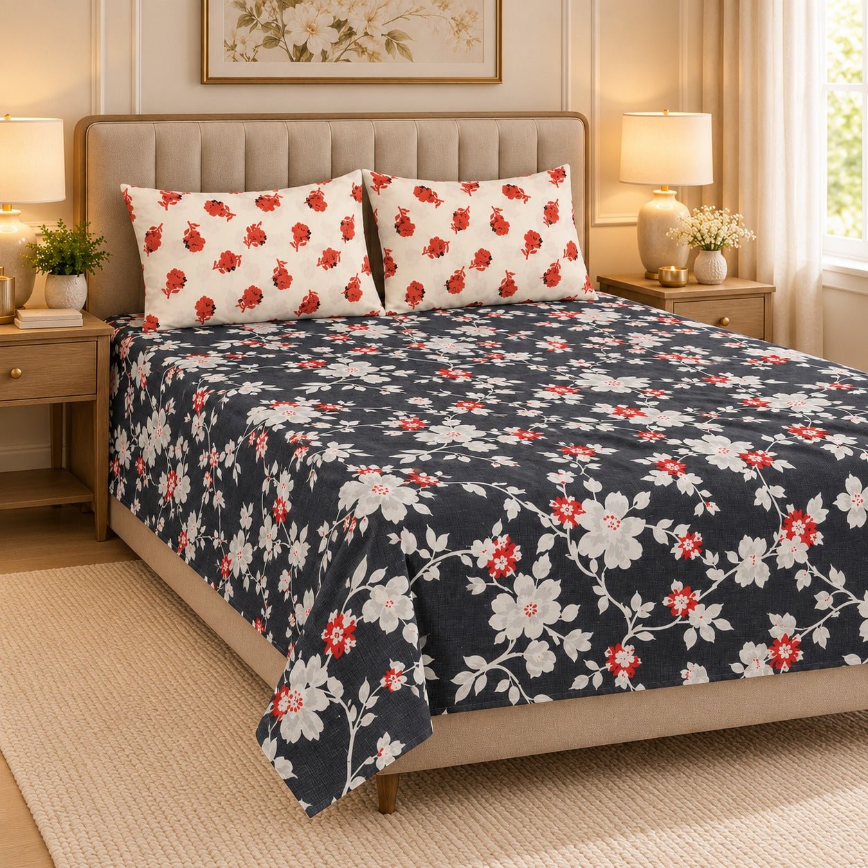 Midnight Red Blossom Printed Cotton Double Bed Sheet with 2 Pillow Cases - The Idea