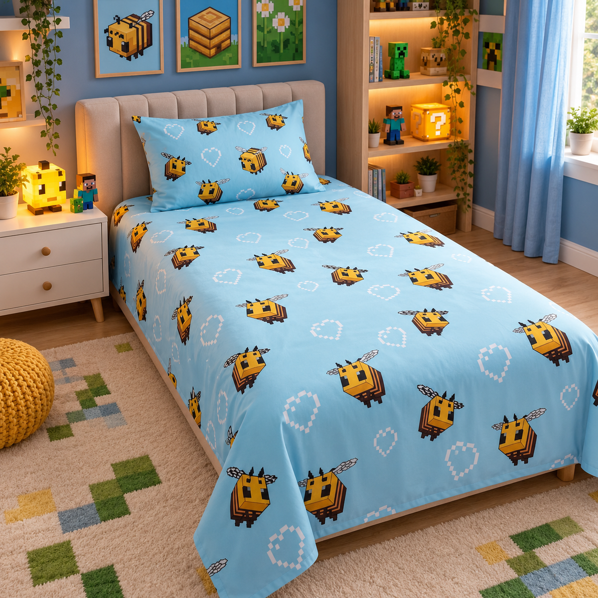 Minecraft Bees Kids Single Bed Sheet with Pillow Case - The Idea