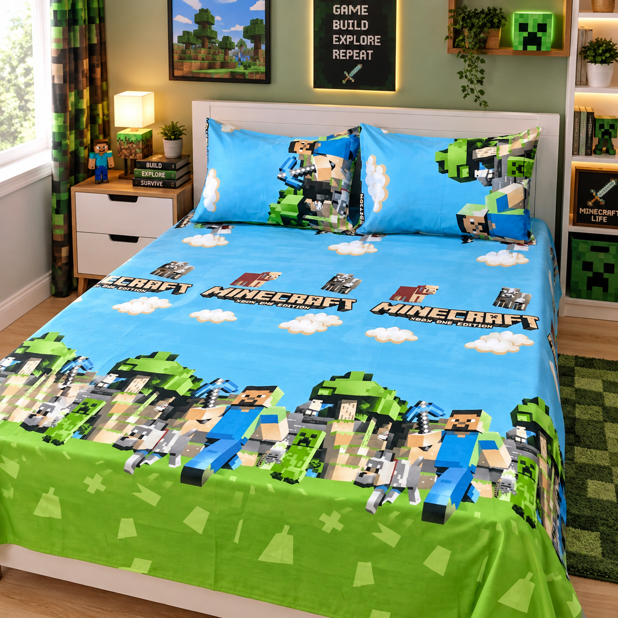Minecraft Creeper Green Kids Double Bed Sheet with 2 Pillow Cases - The Idea