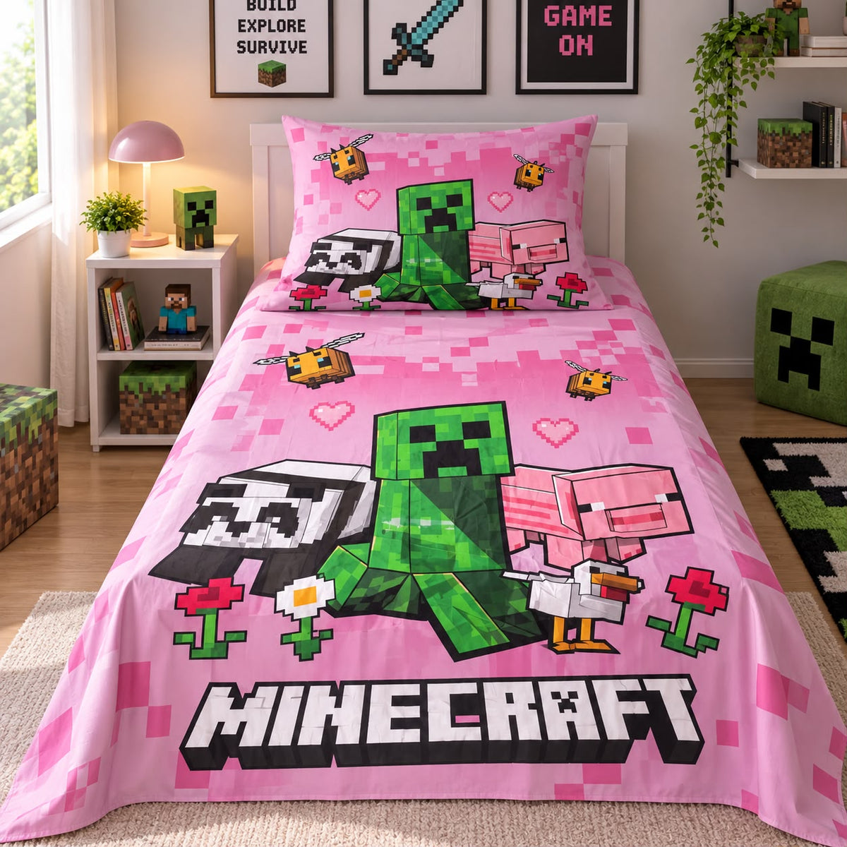 Minecraft Pink Creeper Kids Single Bed Sheet with Pillow Case