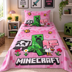 Minecraft Pink Creeper Kids Single Bed Sheet with Pillow Case