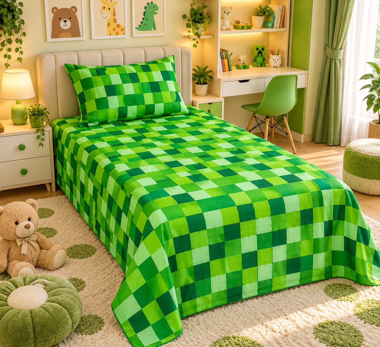 Minecraft Pixel Check Kids Single Bed Sheet with Pillow Case - The Idea