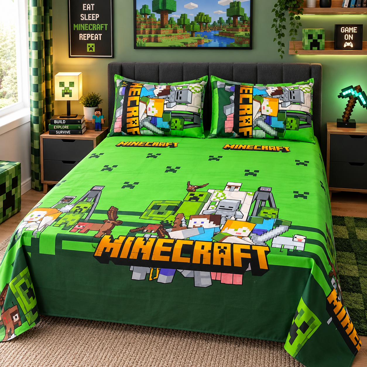 Minecraft World Kids Double Bed Sheet with 2 Pillow Cases - The Idea