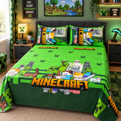Minecraft World Kids Double Bed Sheet with 2 Pillow Cases - The Idea