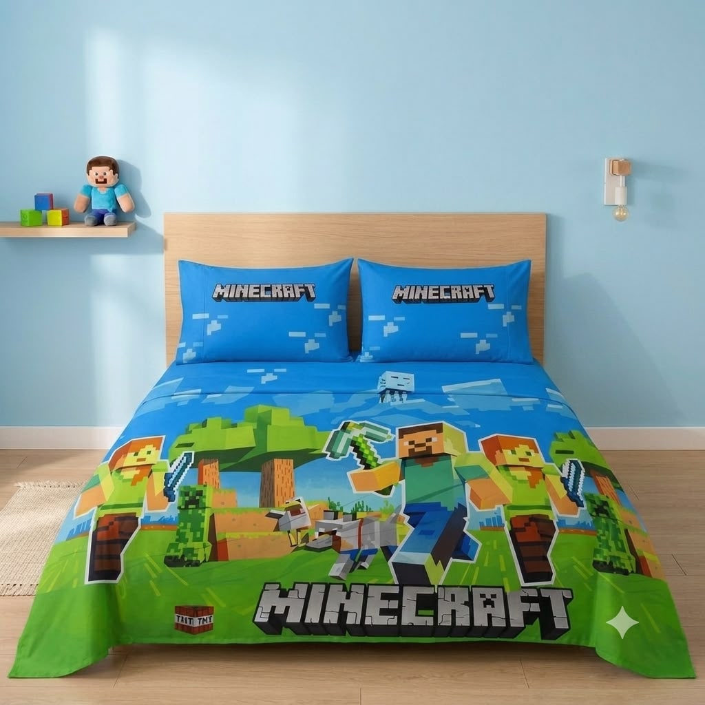 Minecraft Adventure Kids Double Bed Sheet with 2 Pillow Cases