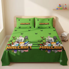 Minecraft Creeper Green Kids Double Bed Sheet with 2 Pillow Cases